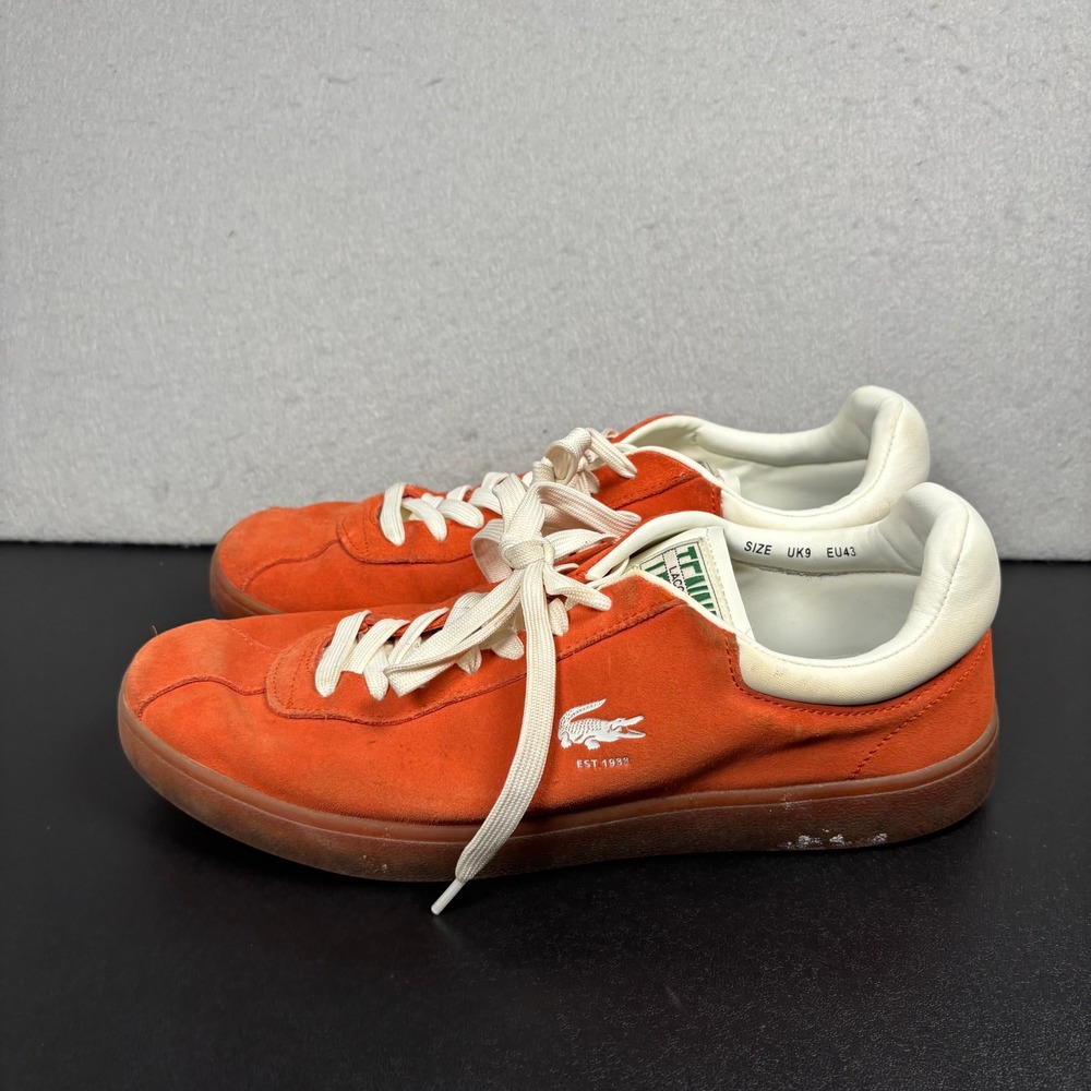 Lacoste Tennis Shoes Mens Orange Good Suede Gum Sole Low Top Sneakers Size 10